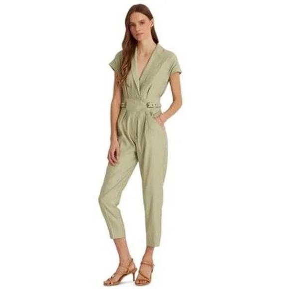Lauren Ralph Lauren Pants - Ralph Lauren Light Green Linen Blend SS V Neck Pant Jumpsuit Size 12